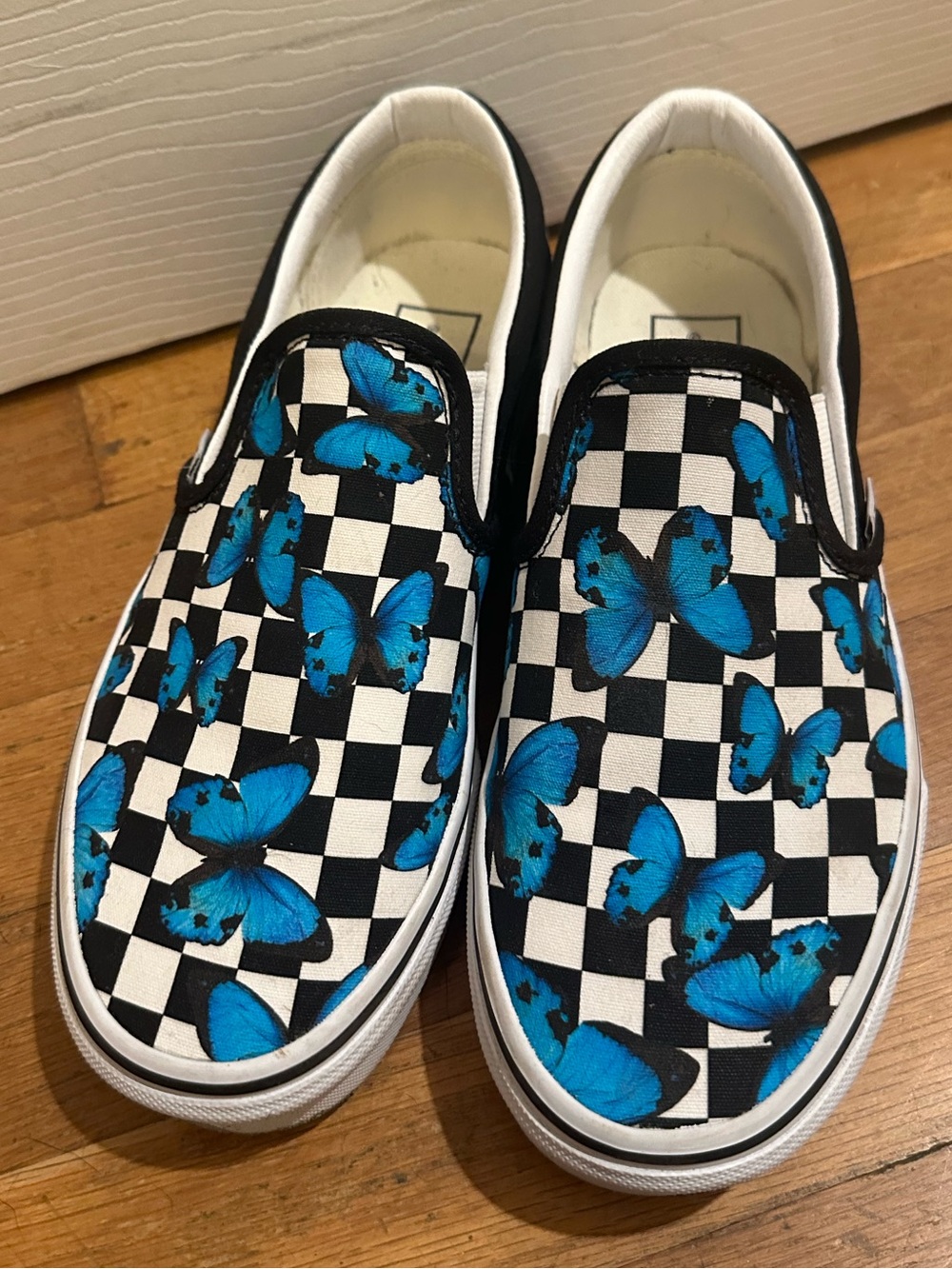 Women’s Blue Butterfly Checker Slip-On Vans